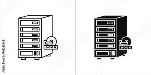 Two icons of a server rack with a cd drive, one filled and one outline