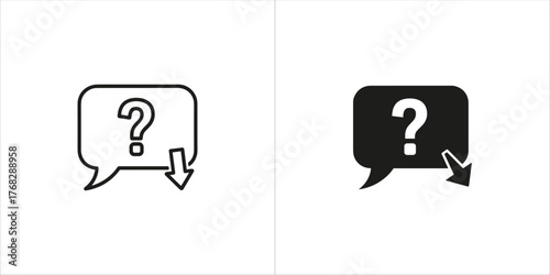 Two icons of a speech bubble with a question mark and a down arrow, one filled and one outline