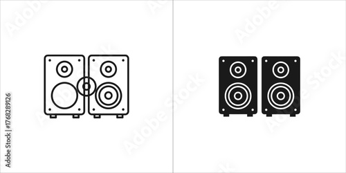 Two graphic representations of stereo speakers, one outlined and one filled