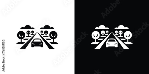 Car Driving Along Road With Trees and Clouds Icon, Transport With Transparent Background