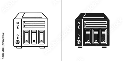Two icons of a network attached storage device, one outlined and one solid black