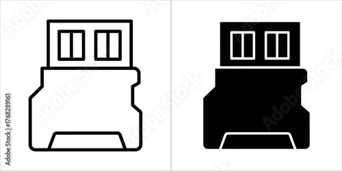 Two icons of a usb connector, one outlined and one solid black