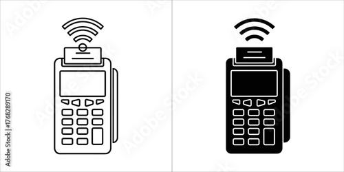 Contactless payment terminal icon with wifi signal, black and white outline and solid fill