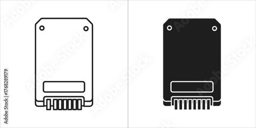 Solid state drive icon, black and white outline and solid fill versions