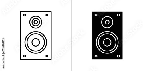 Pair of black and white line art icons of a speaker