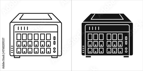 Two icons of a network switch, one outline and one solid black