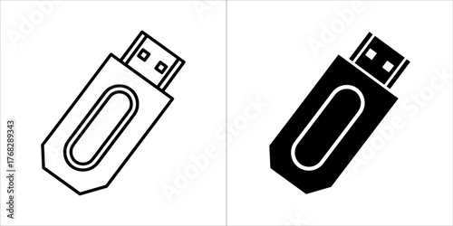 Two icons of a usb flash drive, one outline and one solid black