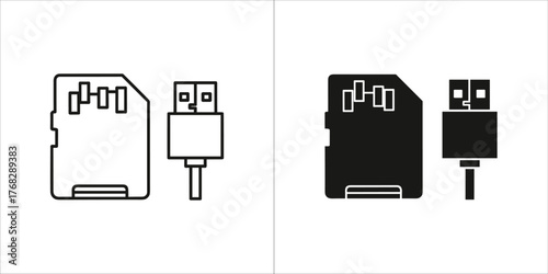 Outline and solid black icons of sd card and usb adapter
