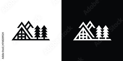 Mountain House & Trees Line Art Illustration, Cabin with Transparent Background