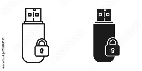 Two icons of a usb flash drive with a padlock, one outline and one filled