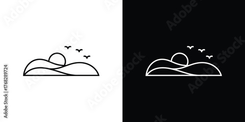 Sunrise Line Art with Birds Silhouette on White Background, Minimalist