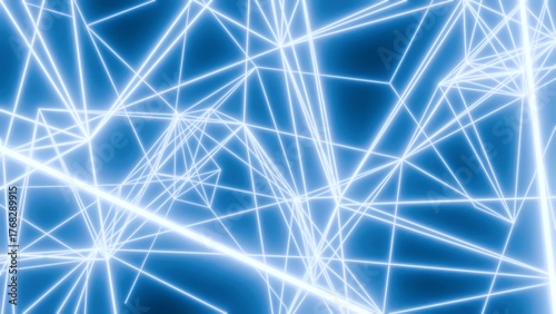 無数を光る青い線が結び付き図形を形作る背景素材。幾何学的なビームのエフェクトイラスト