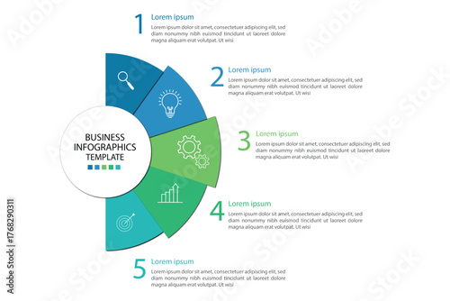 Editable business infographic template design with 5 steps. Infographic template which can be used for presentations banners, workflow layout, annual report, web design.	