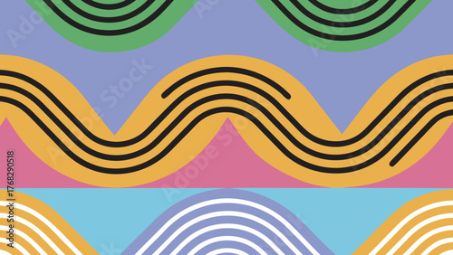 Abstract pattern with colorful wavy shapes and curved lines in a vibrant, repeating design.