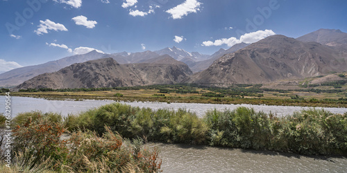 Scenic high altitude mountain landscape in Panj river valley in summer, Ishkashim, Gorno-Badakhshan, Tajikistan