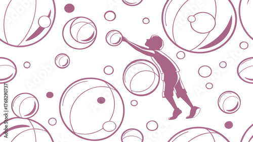 Silhouette of a child reaching up to touch a bubble, surrounded by many other bubbles on a white background.