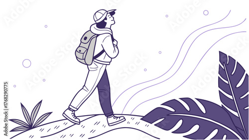 A young man with a backpack walks uphill, looking upwards in a stylized, minimalist illustration.