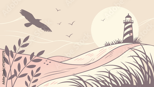 A serene illustration of a lighthouse on a dune, with birds and a rising sun.