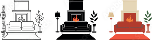 Cozy Living Room Illustration Featuring Fireplace Sofa Lamp and Plant in Various Styles