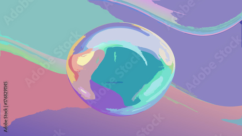 A colorful abstract illustration featuring a translucent sphere with blended hues against a gradient background.