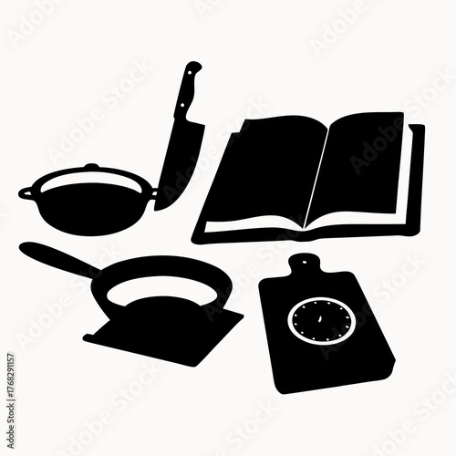 Illustration of kitchenware including a pot, knife, cookbook, pan, and cutting board in black and white
