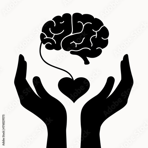 Hands holding brain connected to heart representing balance of emotion and intellect concept art