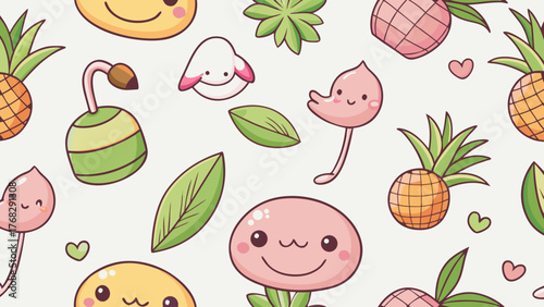 Playful and colorful cartoon pattern featuring various smiling fruits and plants.