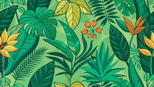 A vibrant, detailed illustration showcasing a lush arrangement of tropical foliage with various leaf shapes and flowers.