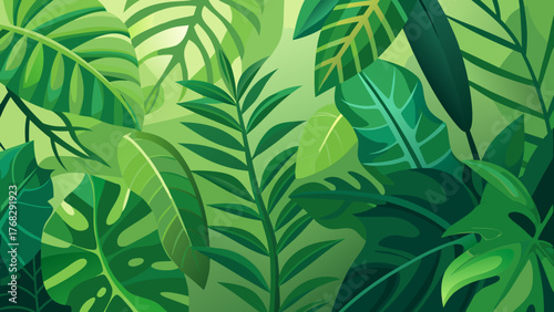 Lush green illustration of various tropical leaves, creating a vibrant jungle scene.