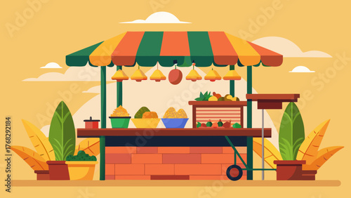 A colorful market stall with a striped awning displays various fruits and vegetables.