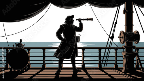Intrepid explorer gazing through a spyglass on a vintage sailing ship, embodying adventure, discovery, and historical maritime exploration, a symbol of bravery
