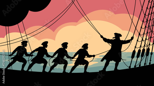 Crew pulling ropes on an old sailing ship under a dramatic sunset sky, nautical adventure and historical seafaring imagery, perfect for adventure stories