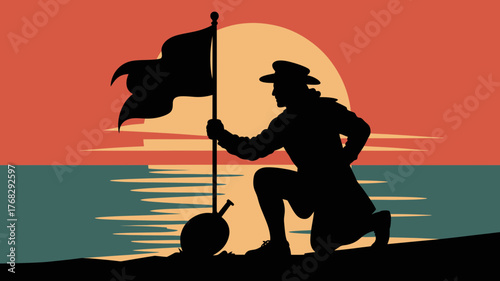 Silhouette of determined explorer planting flag on a new world with sun setting in the distance, celebrating achievement and symbolizing victory and discovery