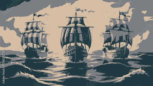 Majestic vintage ships sailing on a stormy sea, a historical nautical illustration evoking adventure and maritime travel, perfect for book covers and prints