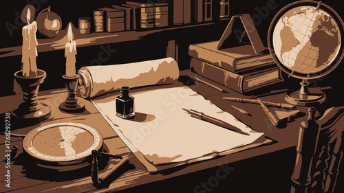Intriguing vintage study scene with aged books, quill, ink, world globe, and warm candlelight perfect for historical themes and scholarly pursuits