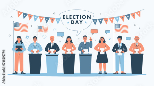 Diverse citizens casting votes on Election Day, standing proudly with American flags and patriotic bunting, symbolizing democracy and civic duty with vector art