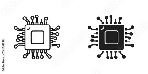 Two computer microchip processors, one outline and one solid black
