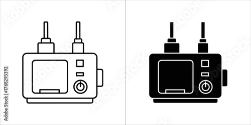 Two icons of a wireless transmitter, one outline and one solid
