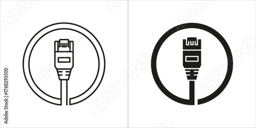 Network cable connector icon, black and white outline and solid silhouette