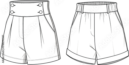 Women’s high waist shorts technical flat fashion sketch front and back view with button waistband and cuffed hem design, CAD drawing flat vector illustration