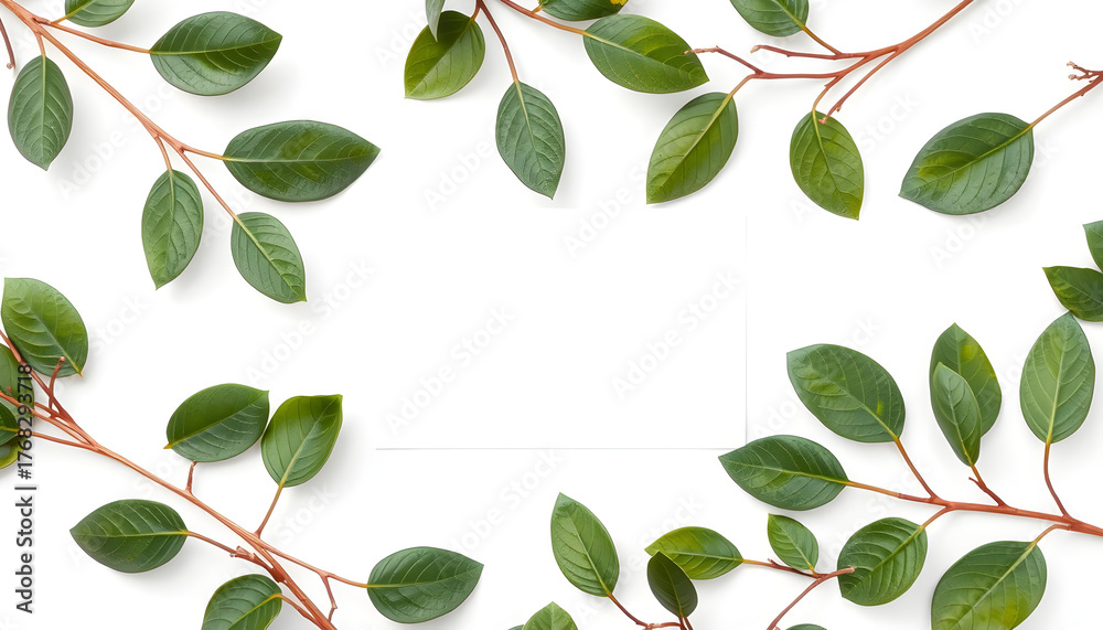 Obraz premium Decorative green leaves and a card with copy space isolated on white