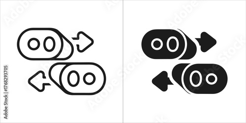 Two abstract icons representing data transfer or connection, one in outline and one in solid black