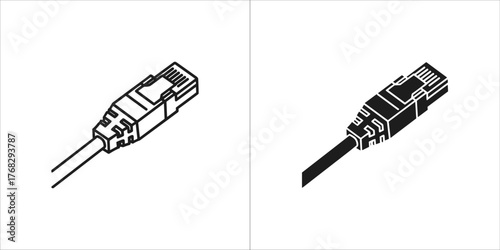 Two icons of an ethernet cable connector, one outlined and one solid black
