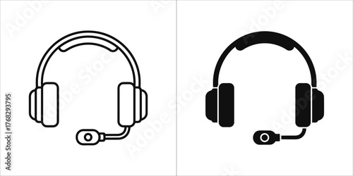 Two icons of headphones with a microphone, one outlined and one solid black