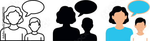 Mother and Son Icon Variations Showcasing Different Graphic Styles with Speech Bubbles