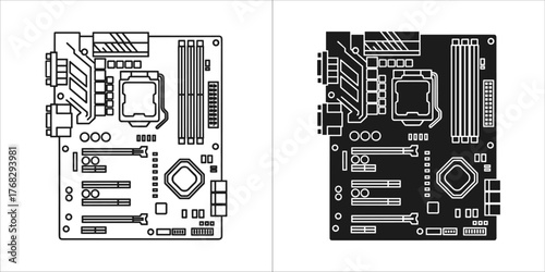 Computer motherboard schematic diagram in black and white