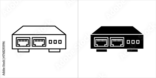 Two icons of a network switch, one outline and one filled