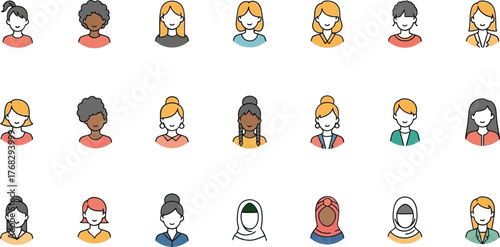Diverse Women Avatars: Vector Icon Set of Multicultural Female Characters for Website, UI Design, and Profile Pictures