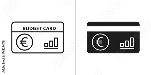 Two icons of a budget card with euro symbol and graph, one outline and one solid black
