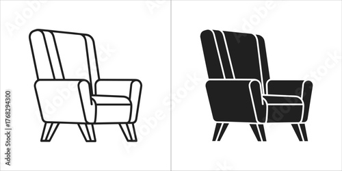 Two armchairs, one outlined and one solid black